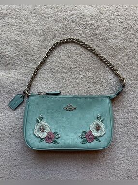 Coach Aqua Floral Applique Leather Shoulder Bag with Chain Strap